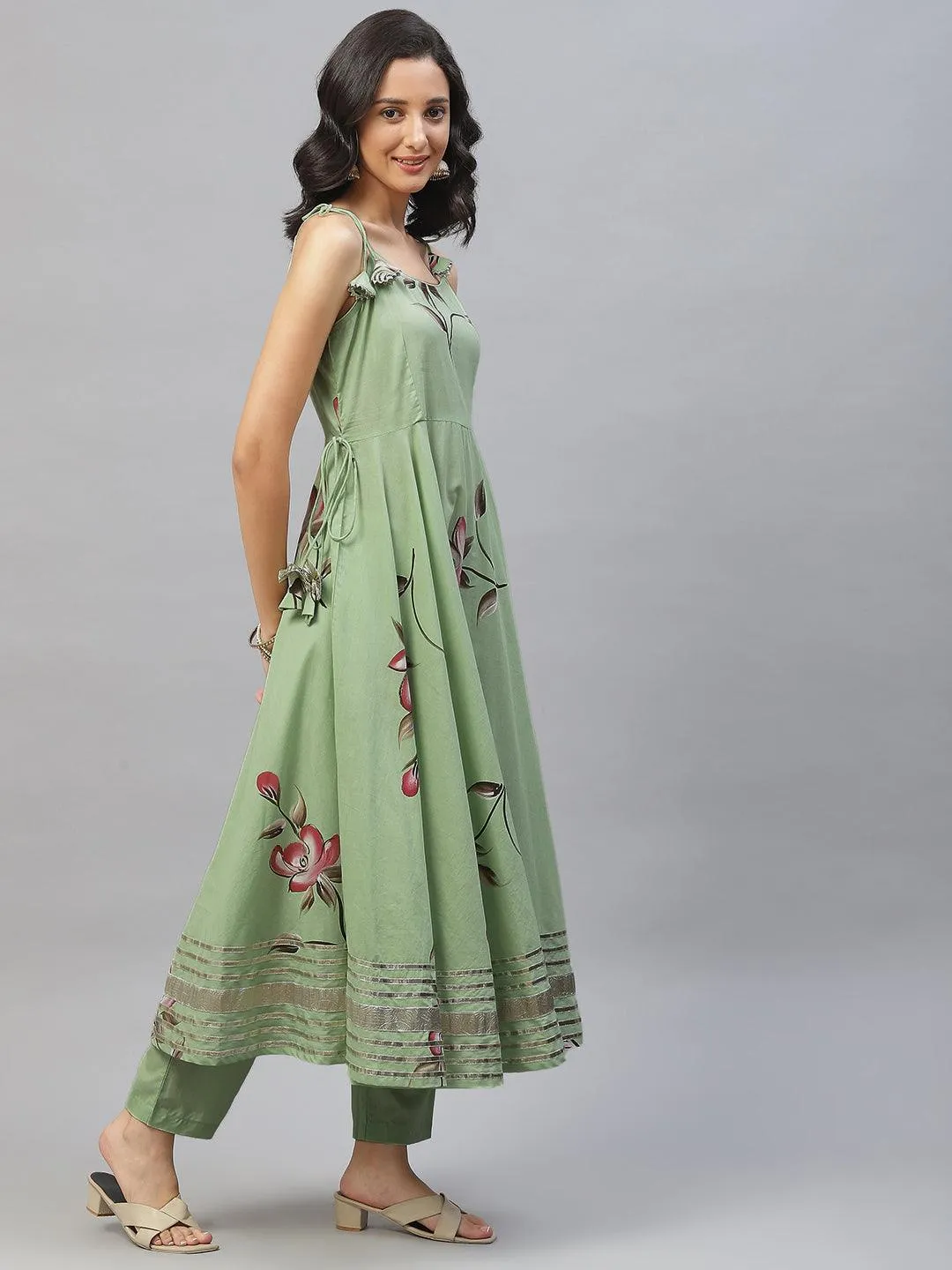 Divena Light Green Hand Painted Floral Anarkali Kurta Pant Set with Dupatta