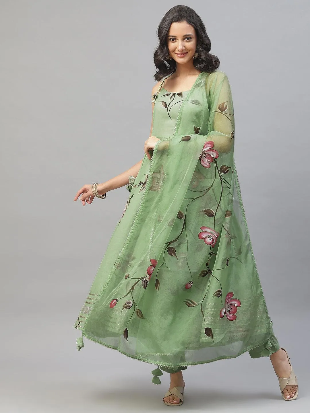 Divena Light Green Hand Painted Floral Anarkali Kurta Pant Set with Dupatta