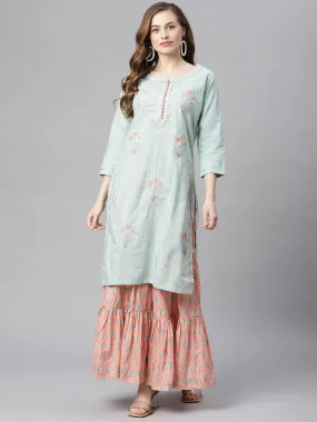 Divena  Sea Green & Peach Cotton Kurta Sharara Set