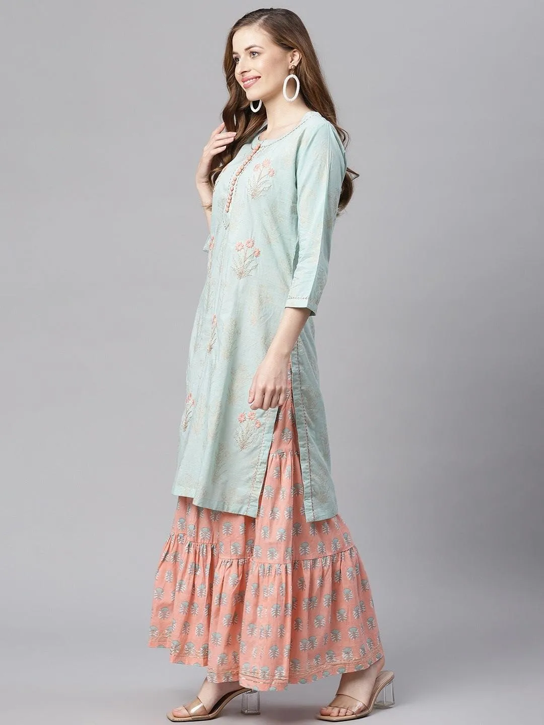 Divena  Sea Green & Peach Cotton Kurta Sharara Set