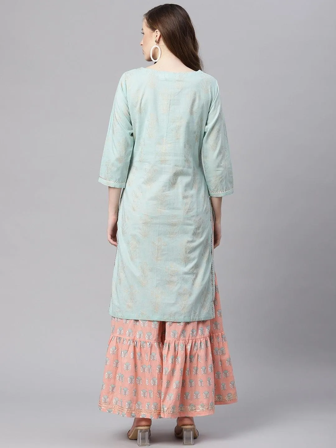 Divena  Sea Green & Peach Cotton Kurta Sharara Set