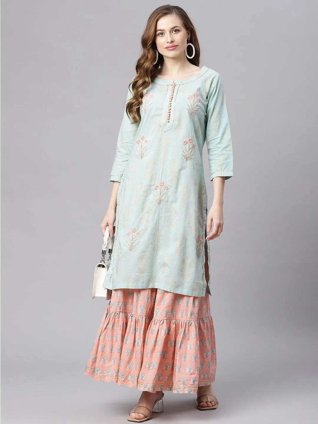 Divena  Sea Green & Peach Cotton Kurta Sharara Set