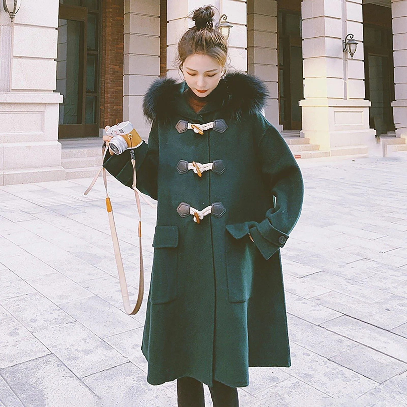 Edith Hooded Fur Collar Wool Blend Duffle Coat