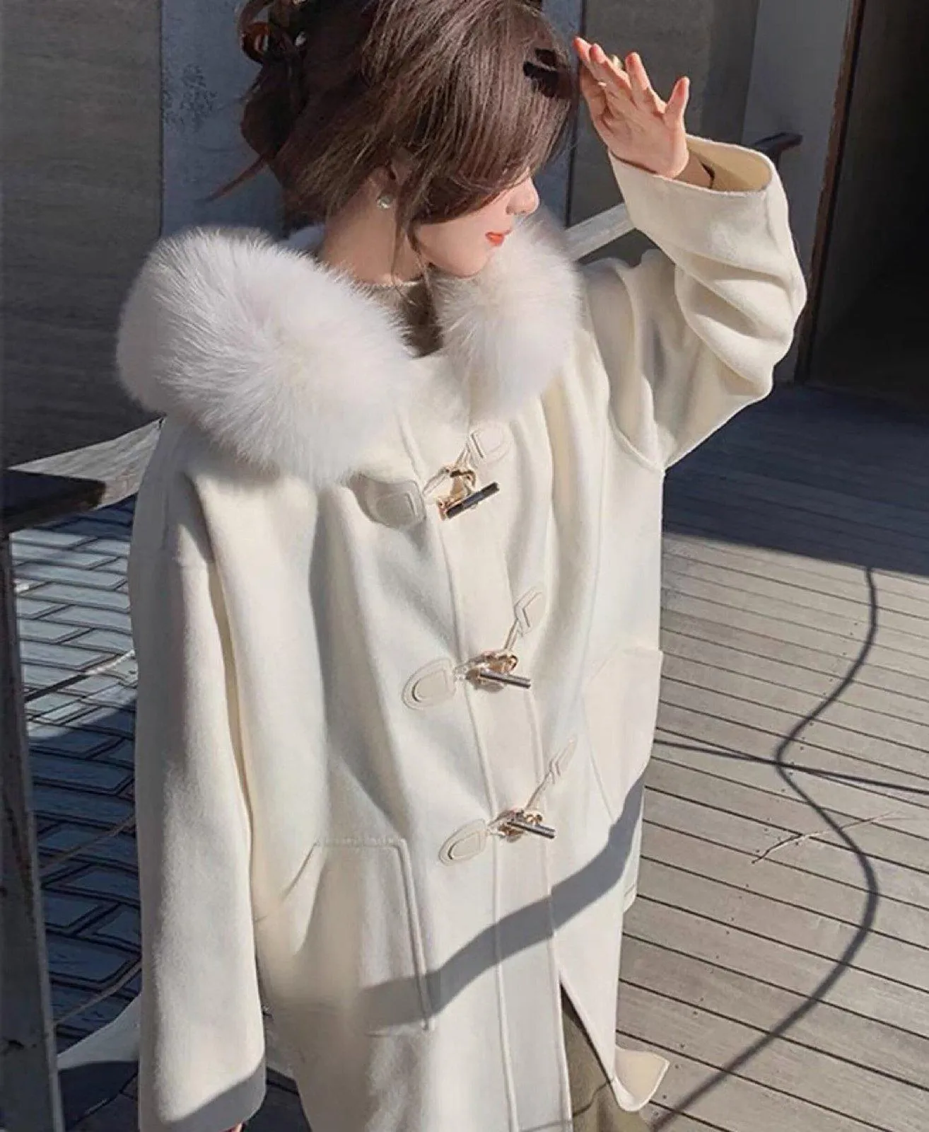 Edith Hooded Fur Collar Wool Blend Duffle Coat