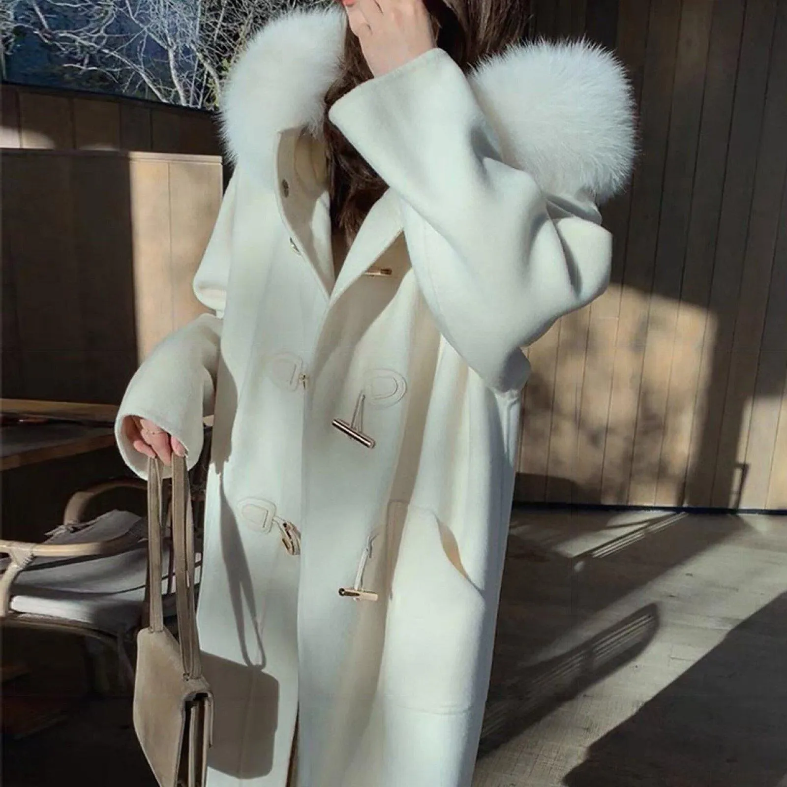 Edith Hooded Fur Collar Wool Blend Duffle Coat