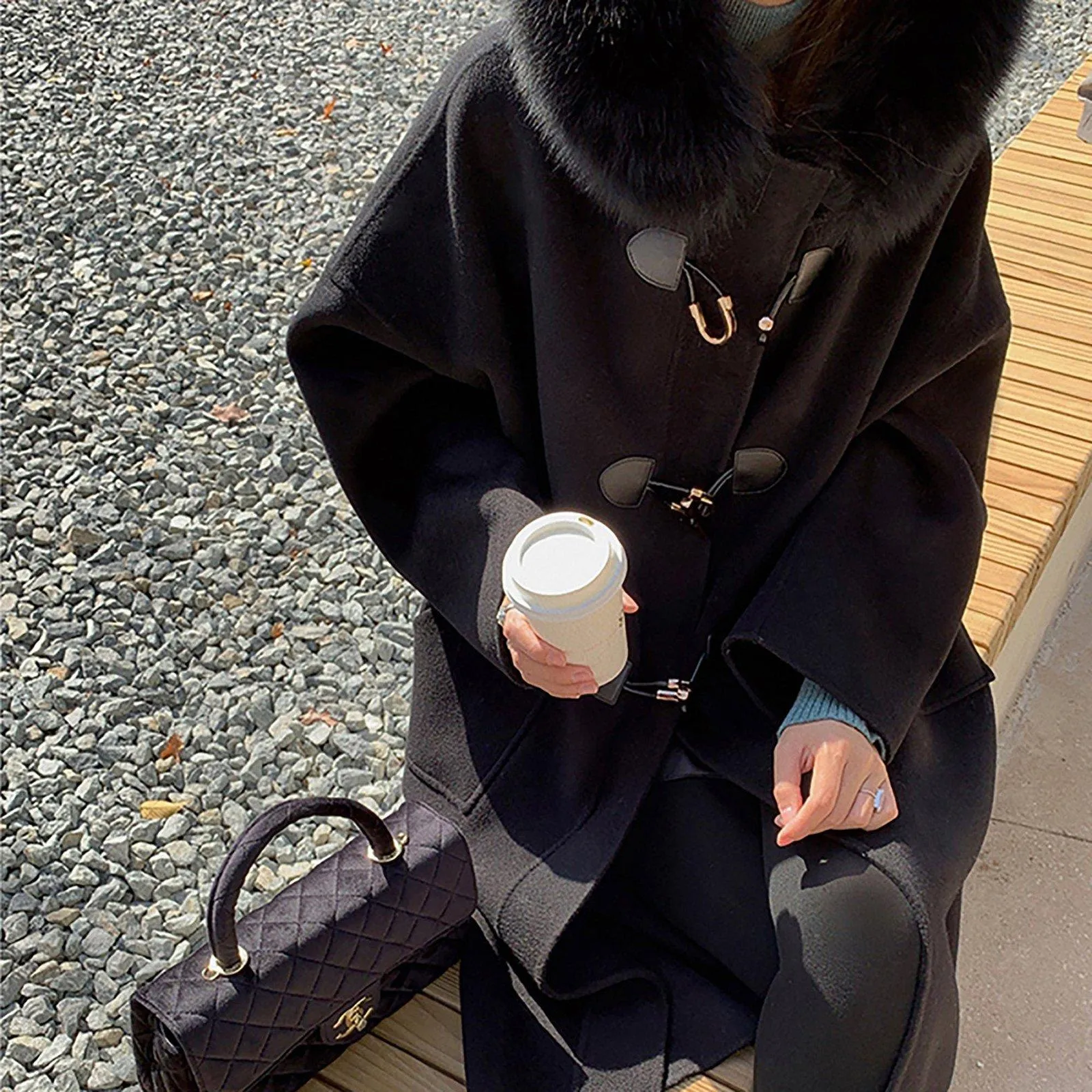 Edith Hooded Fur Collar Wool Blend Duffle Coat