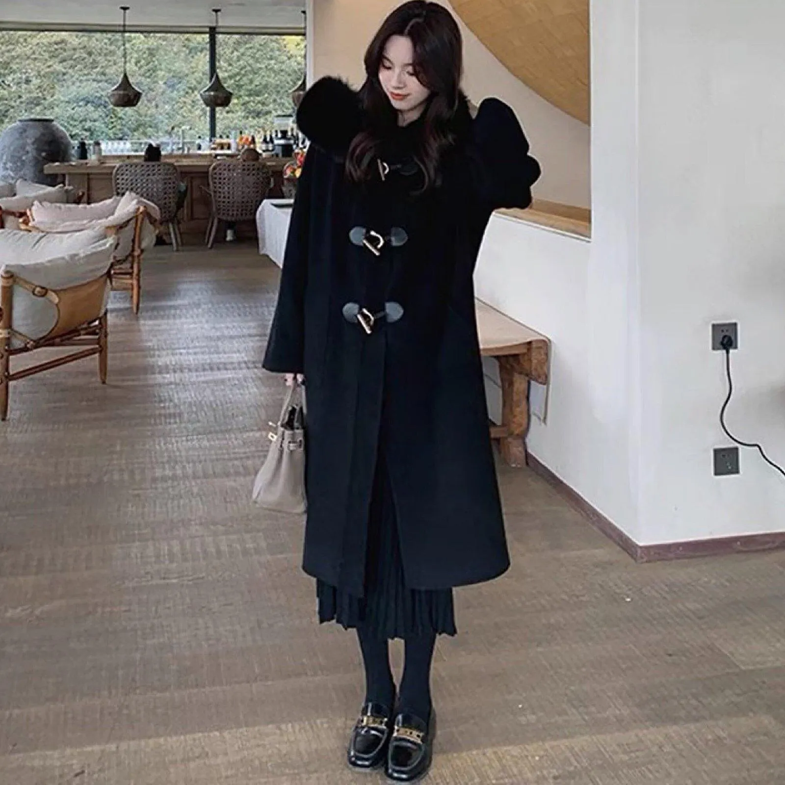 Edith Hooded Fur Collar Wool Blend Duffle Coat