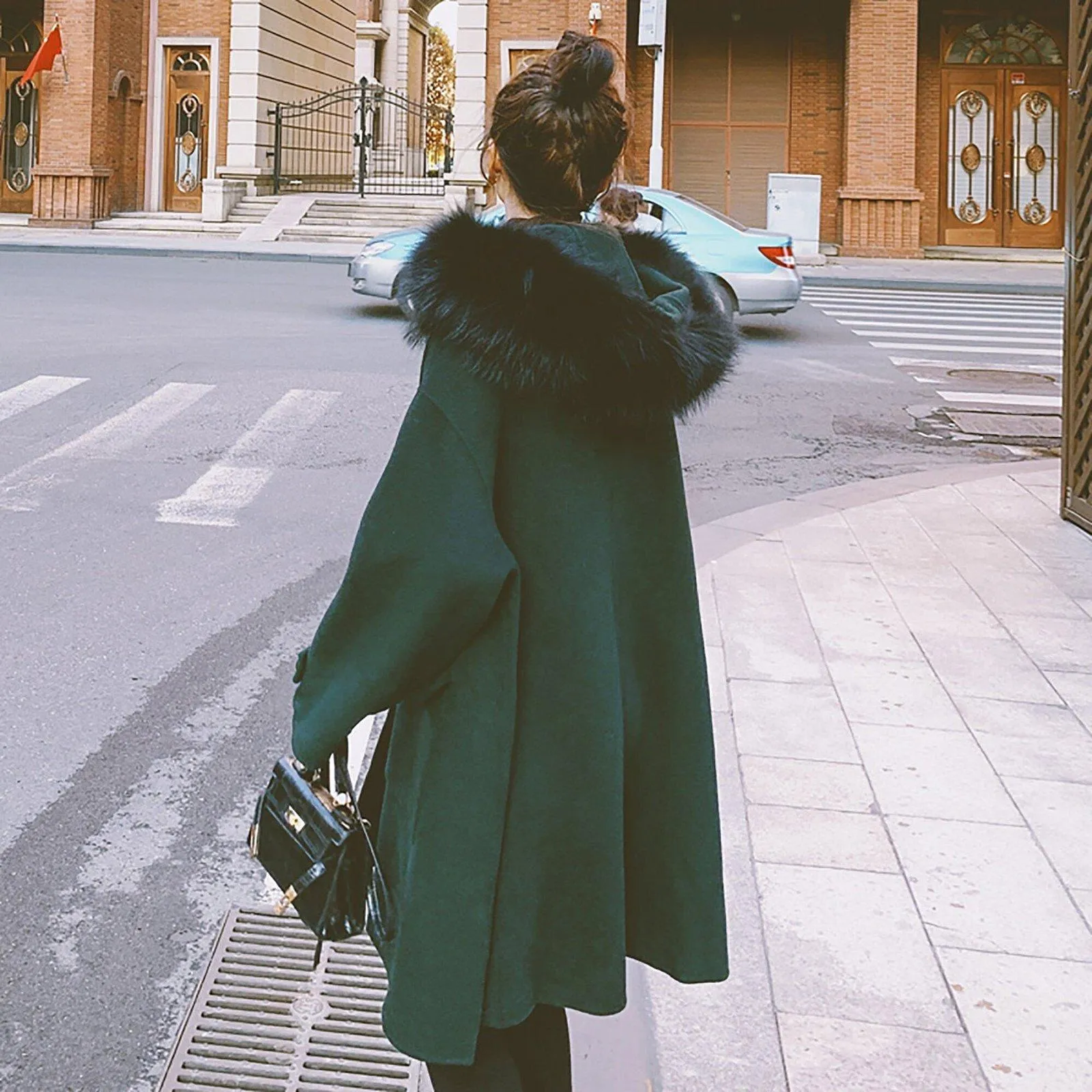 Edith Hooded Fur Collar Wool Blend Duffle Coat