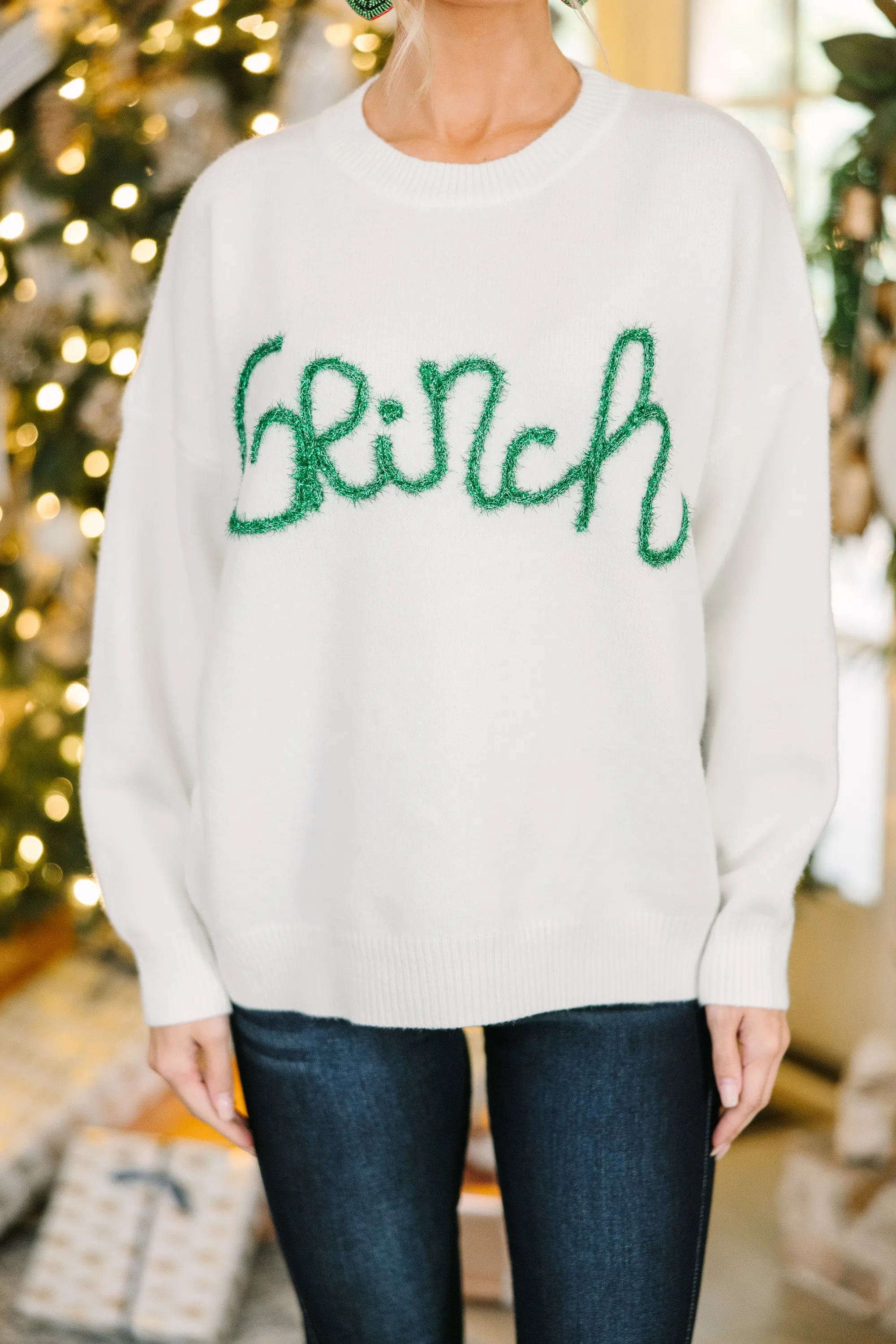 Cream White Feeling Grinchy Script Sweater - Cozy Holiday Apparel