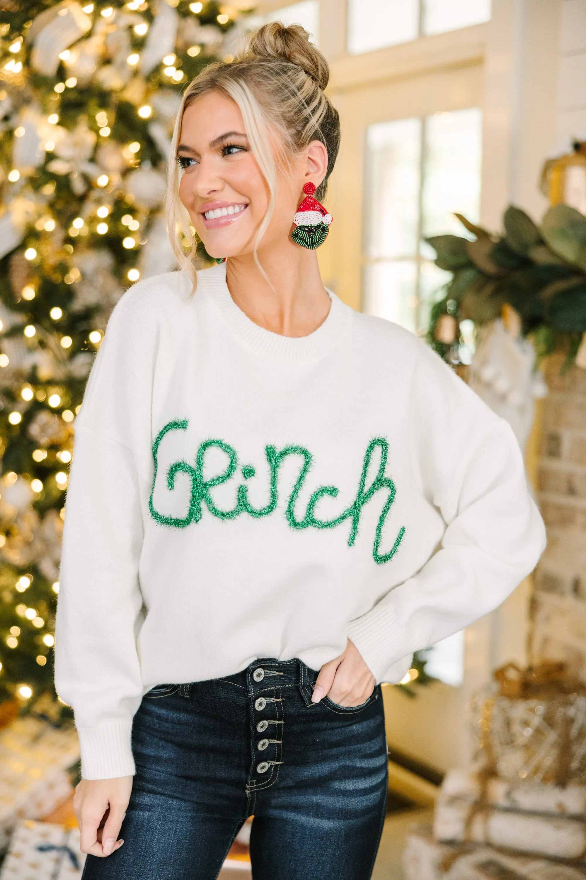 Cream White Feeling Grinchy Script Sweater - Cozy Holiday Apparel