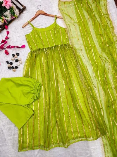 Green Organza Glamourous 3pcs Suit Set