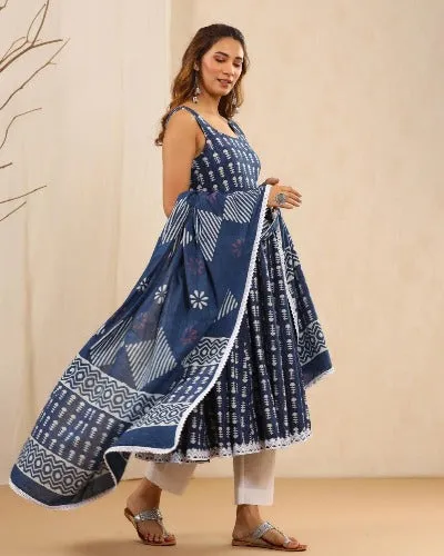 Indigo Handblock Print Lace Work Anarkali Suit Set