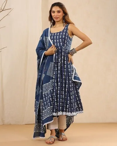 Indigo Handblock Print Lace Work Anarkali Suit Set