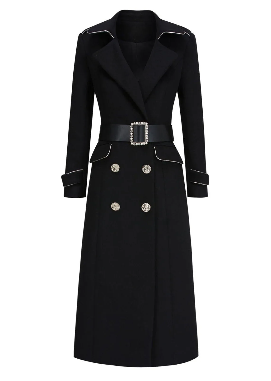 Lara Black Wool Blend Double Breasted Midi Fit & Flare Coat