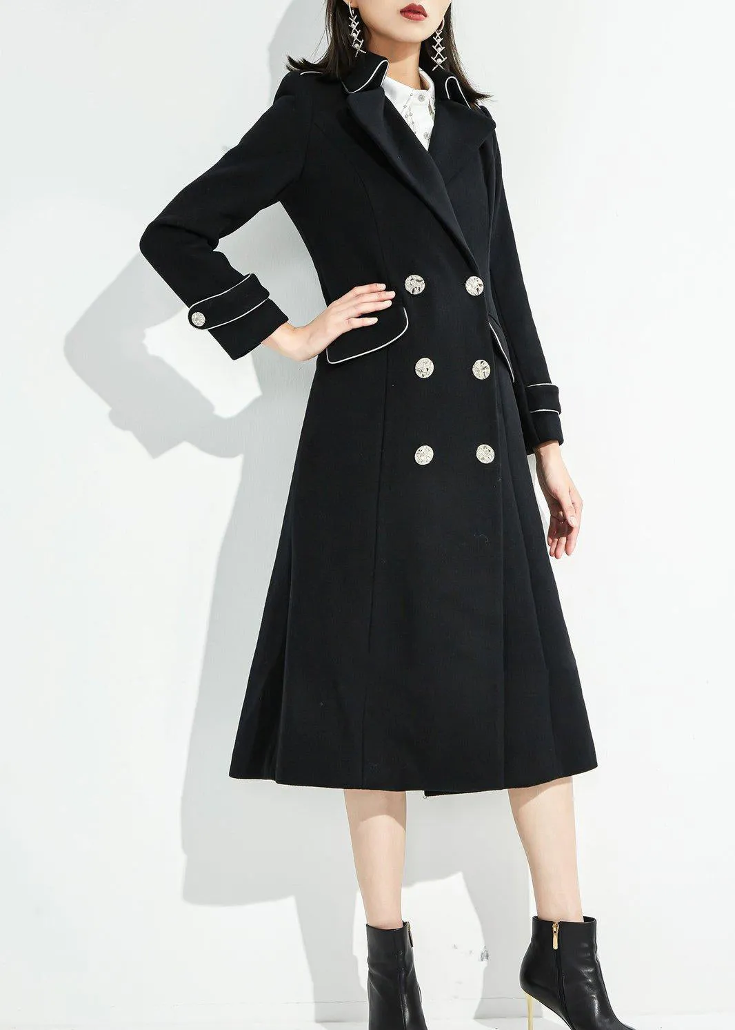 Lara Black Wool Blend Double Breasted Midi Fit & Flare Coat