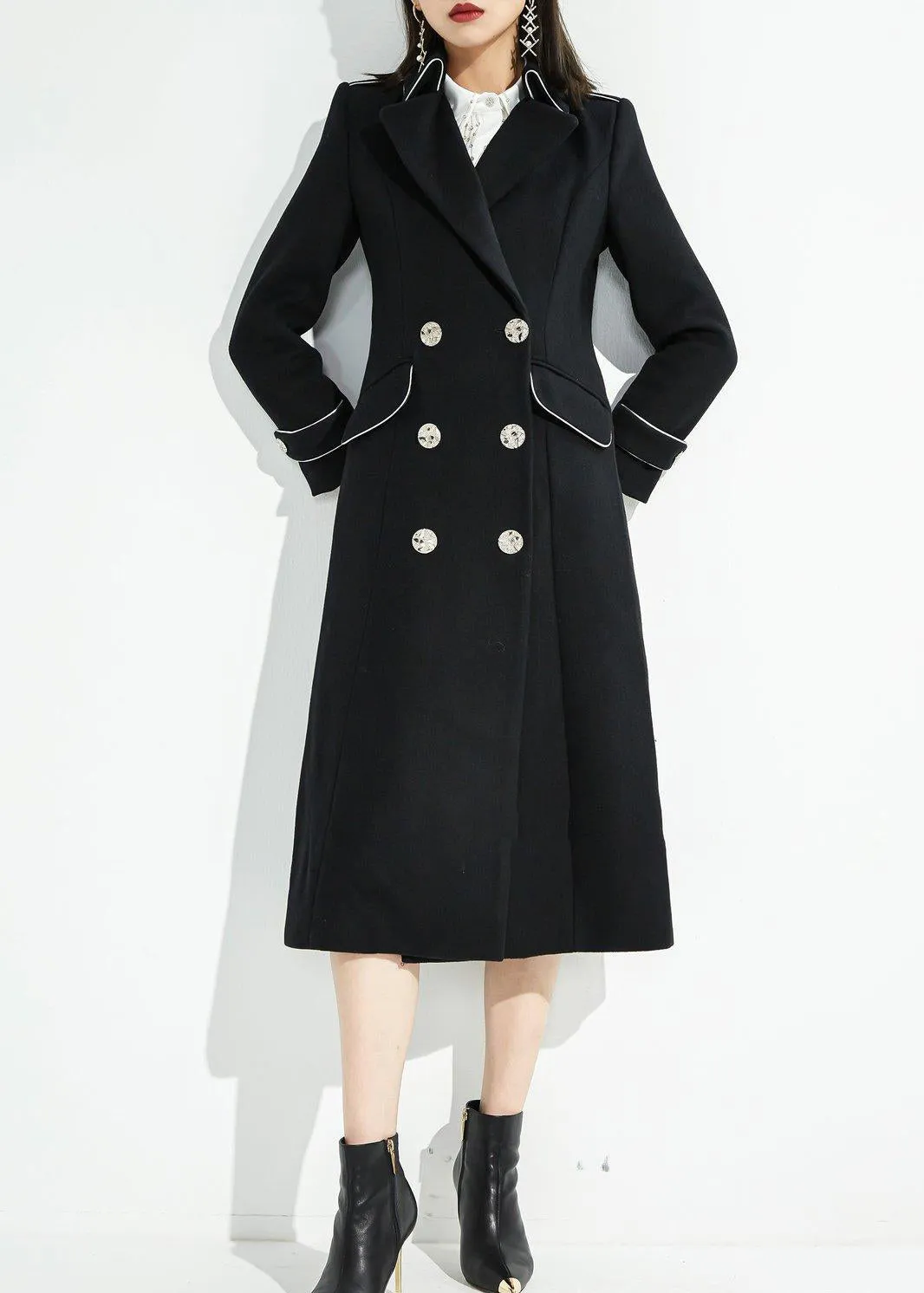 Lara Black Wool Blend Double Breasted Midi Fit & Flare Coat