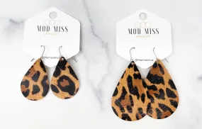 Leather Teardrop Earring Leopard Tawny