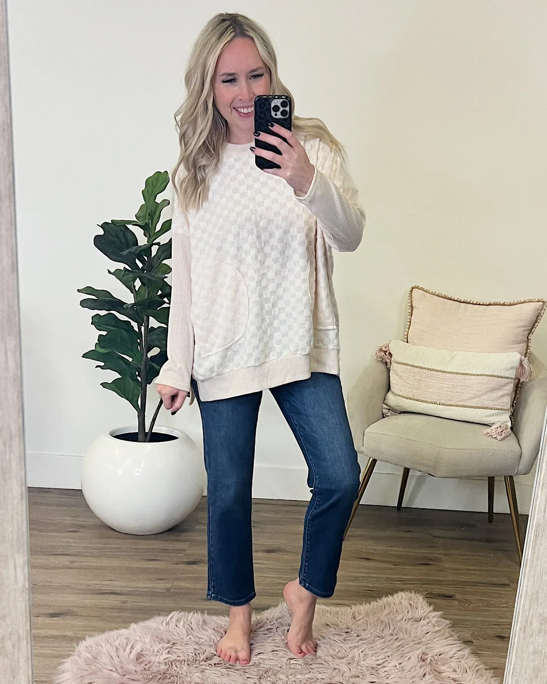 Leslie Ivory Checkered Brushed Sweater