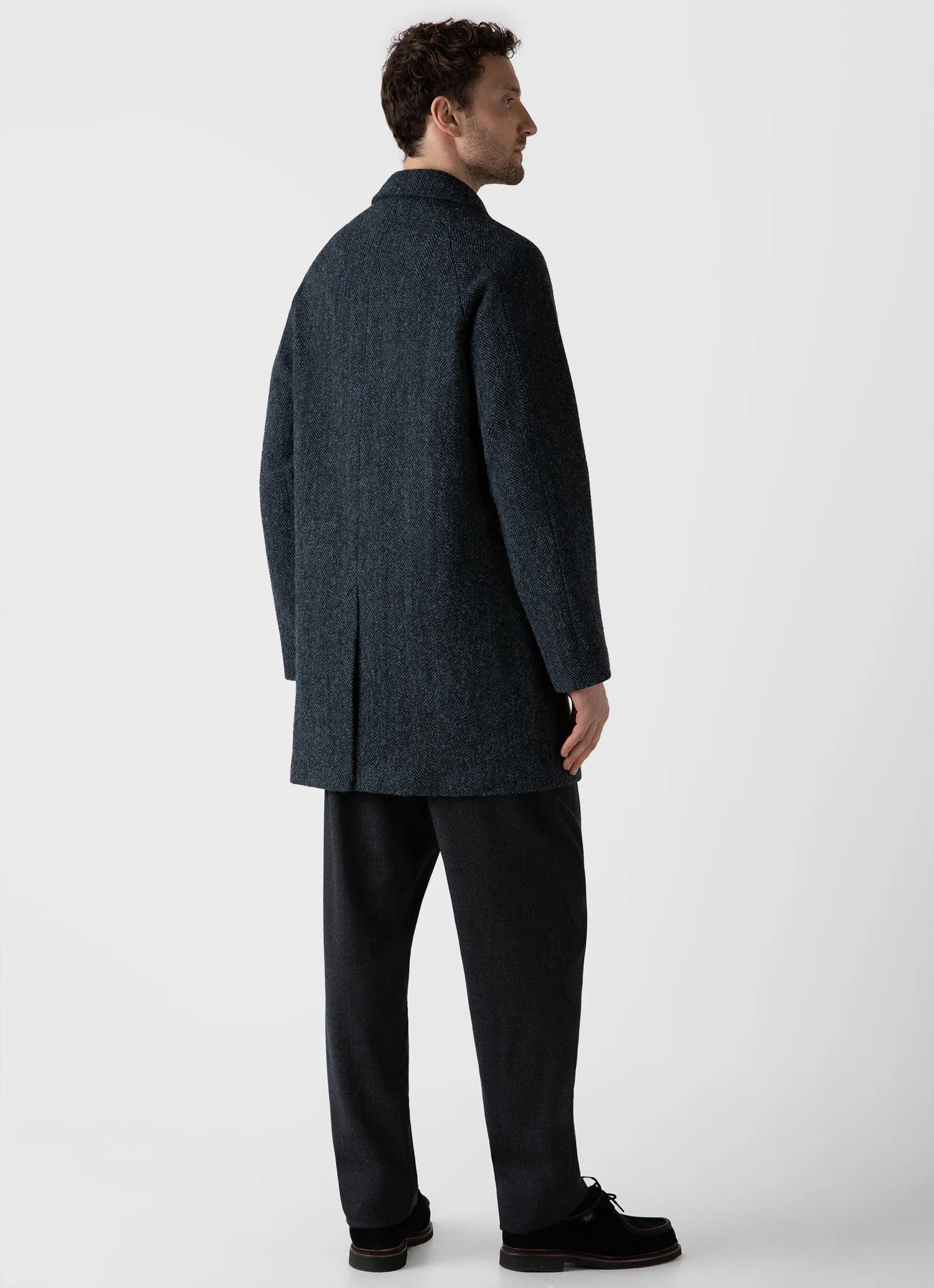 Men's Harris Tweed Car Coat in Blue Herringbone