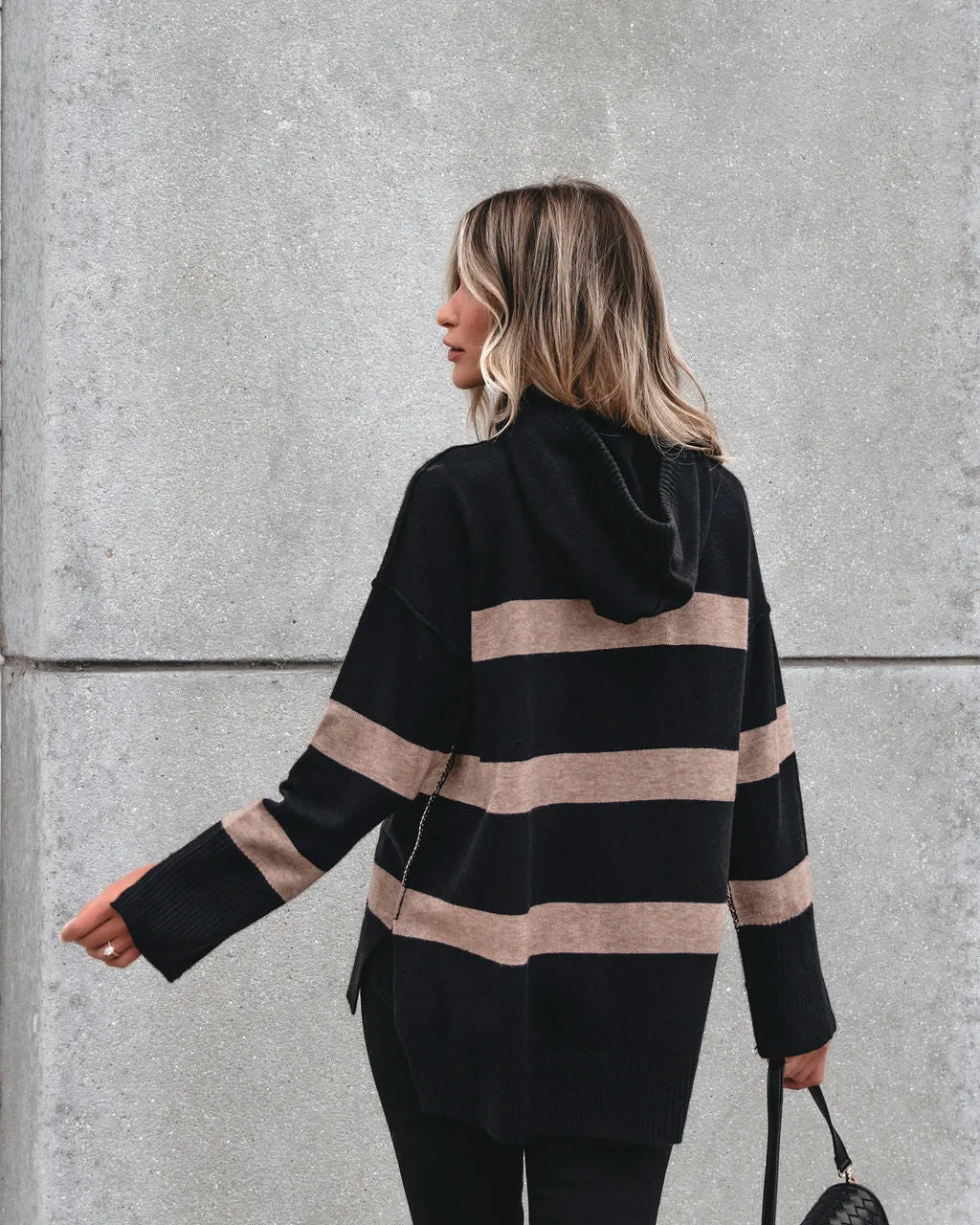 Muse By Magnolia Black and Taupe Striped Hooded Sweater