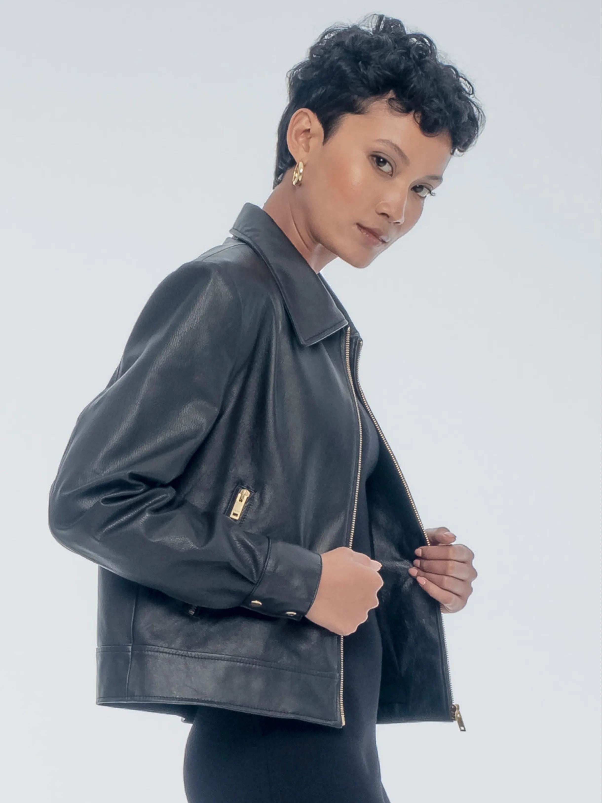 NIEVE LEATHER JACKET - BLACK PEBBLE