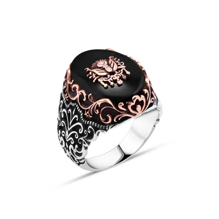 Ottoman Coat of Arms on Black Ellipse Onyx Stone Silver Men's Ring with Wavy Pattern Around