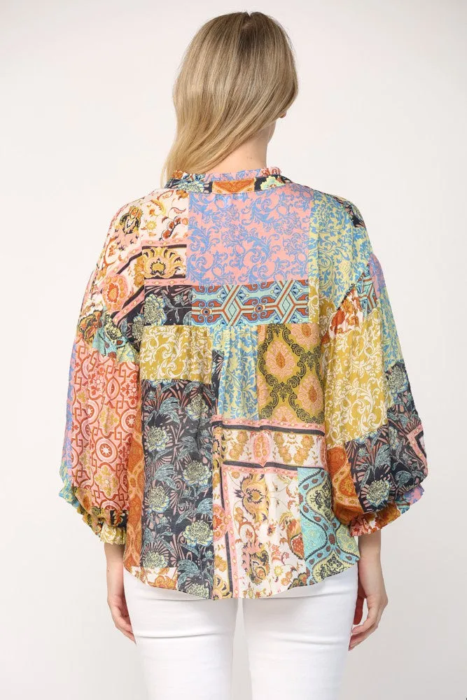 Patchwork Mixed Print Bubble Sleeve Blouse