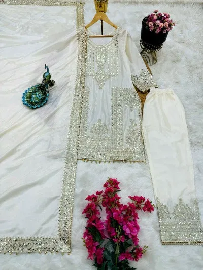 Pearl White Chinon Silk Designer Straight Suit Set