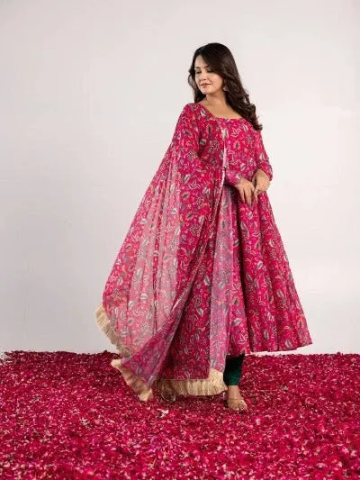 Pink Kalamkari Print Georgette Anarkali Gown Suit Set