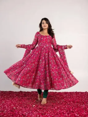 Pink Kalamkari Print Georgette Anarkali Gown Suit Set