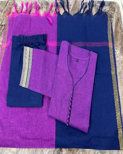 Purple & Navy Blue Handloom South Cotton Salwar Suit Set