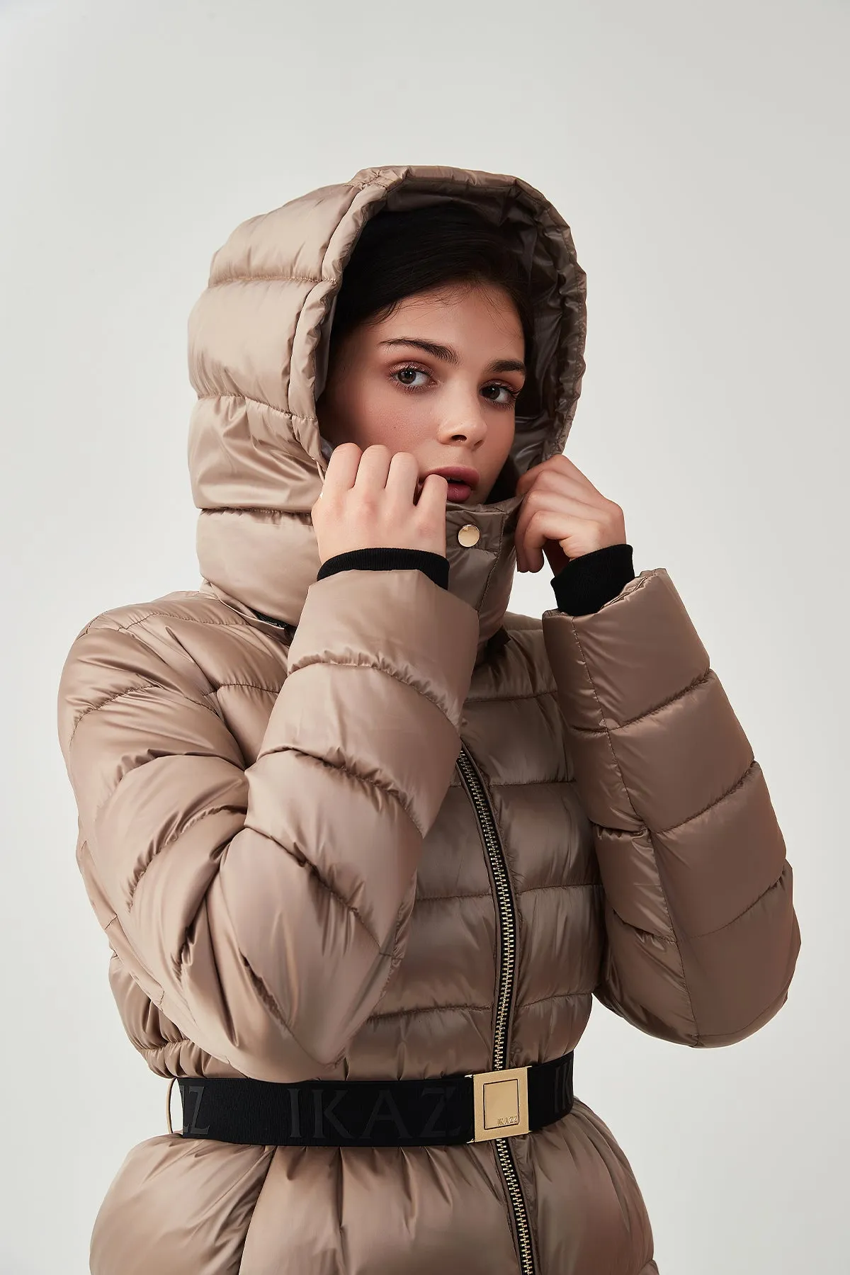 Shiny Belted Mid Length Puffer Coat with Hood