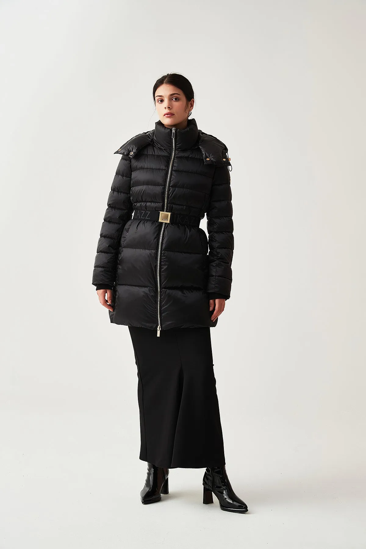 Shiny Belted Mid Length Puffer Coat with Hood