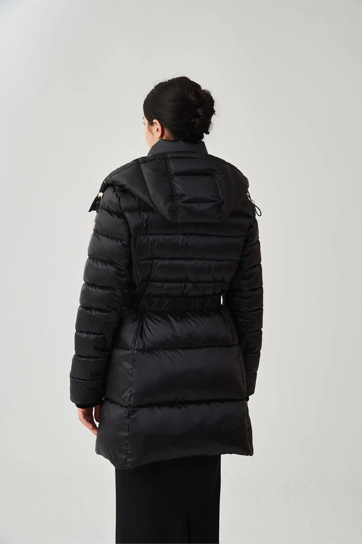 Shiny Belted Mid Length Puffer Coat with Hood