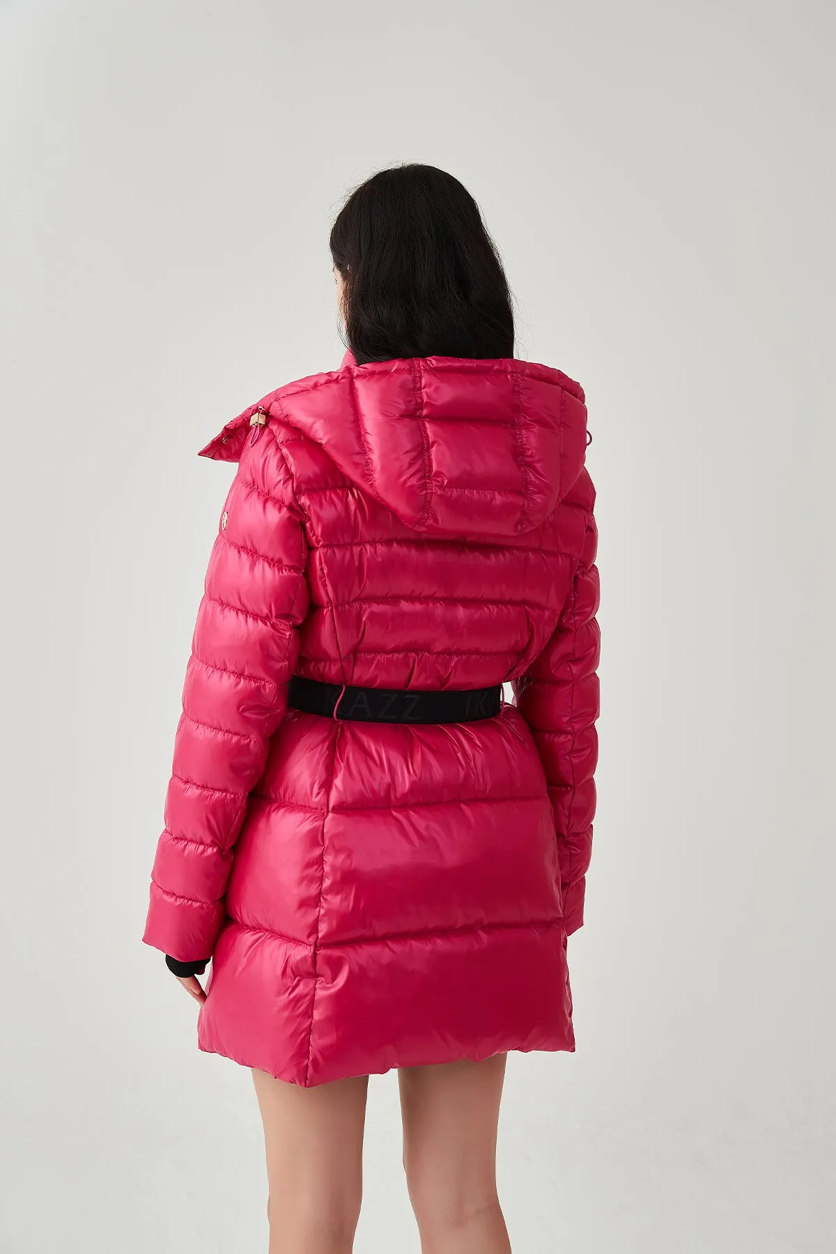 Shiny Belted Mid Length Puffer Coat with Hood