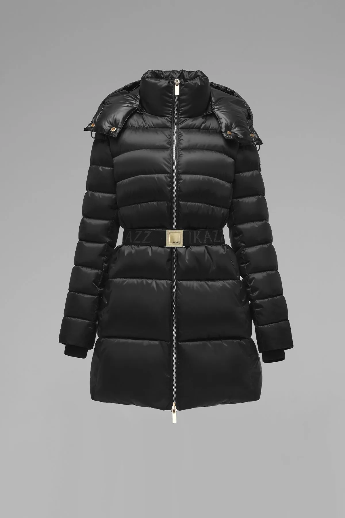 Shiny Belted Mid Length Puffer Coat with Hood