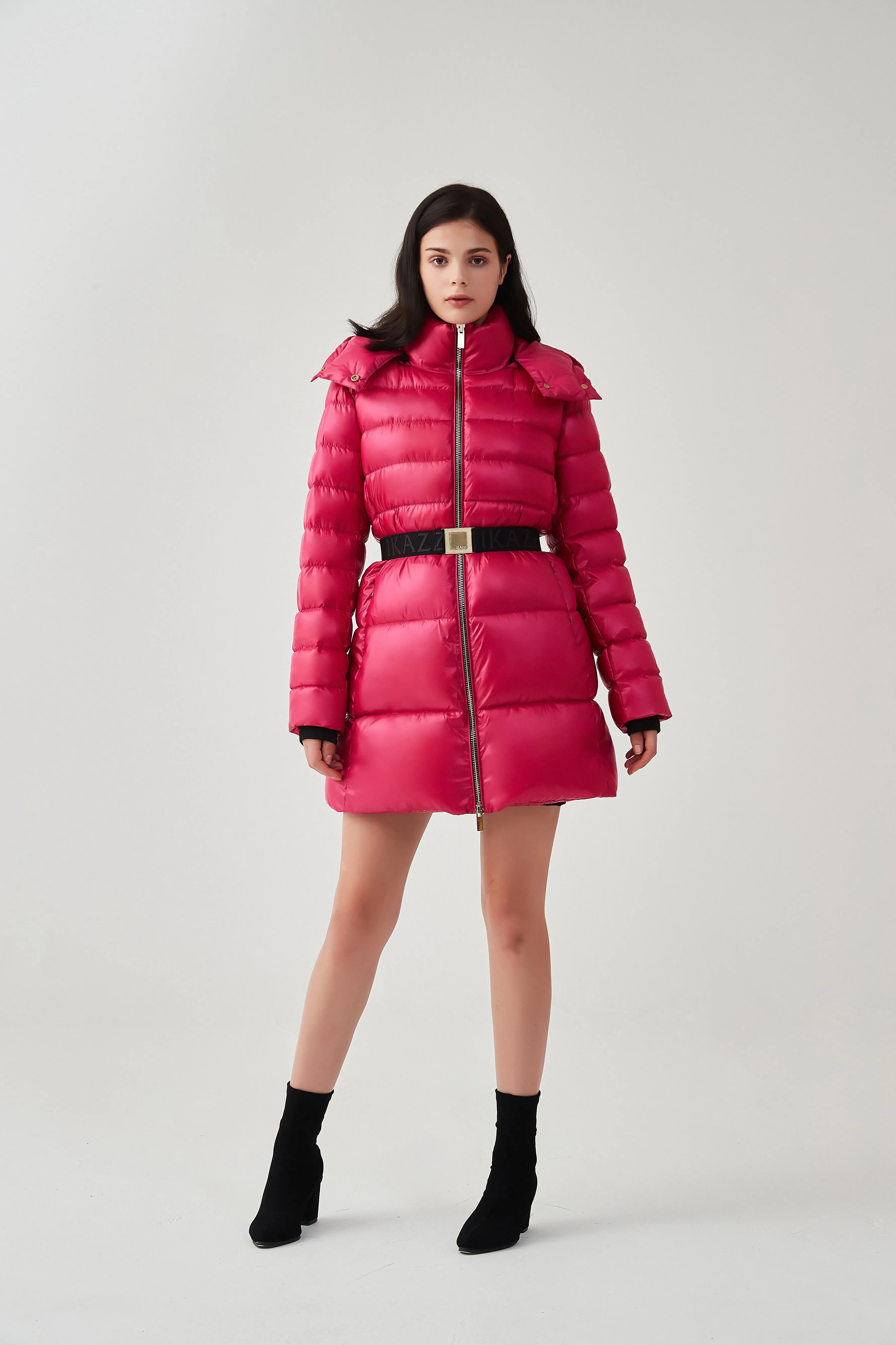 Shiny Belted Mid Length Puffer Coat with Hood