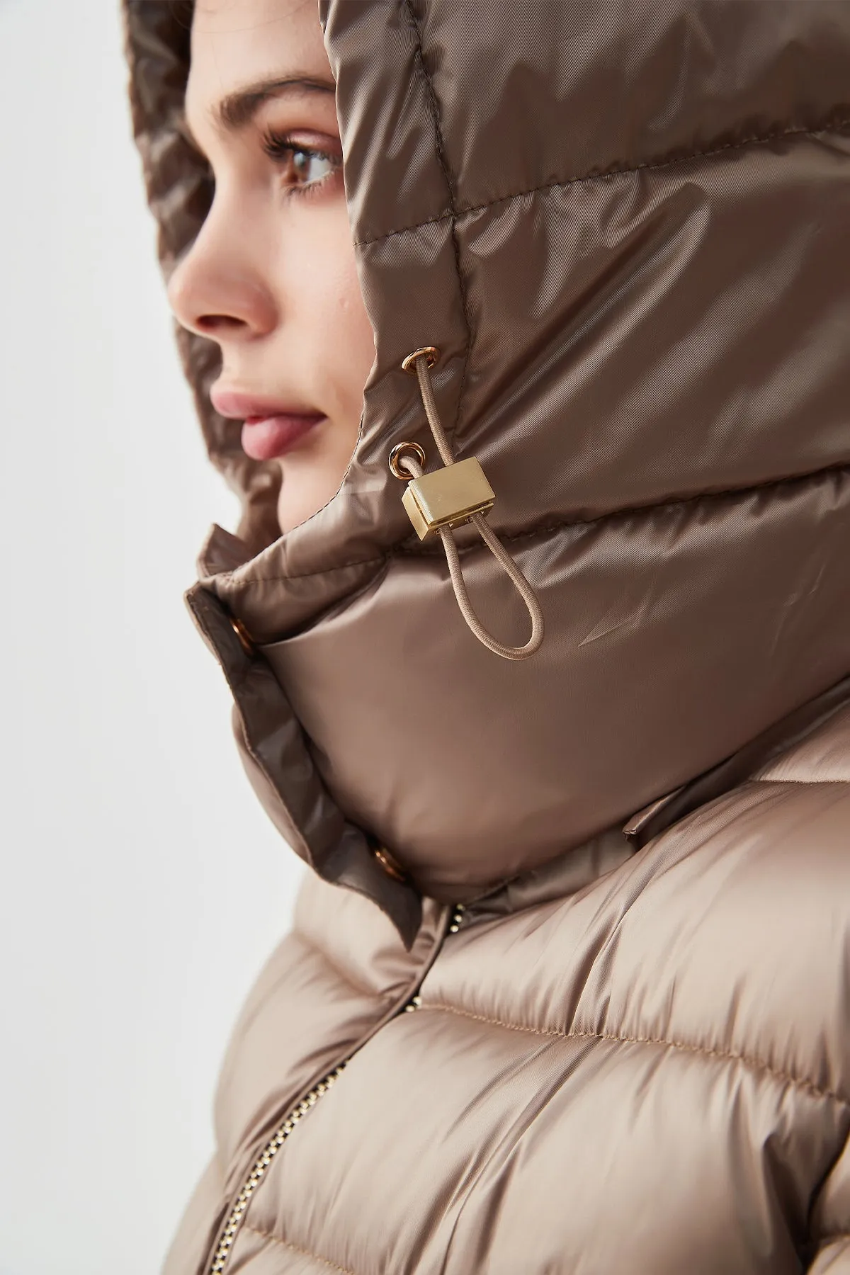 Shiny Belted Mid Length Puffer Coat with Hood