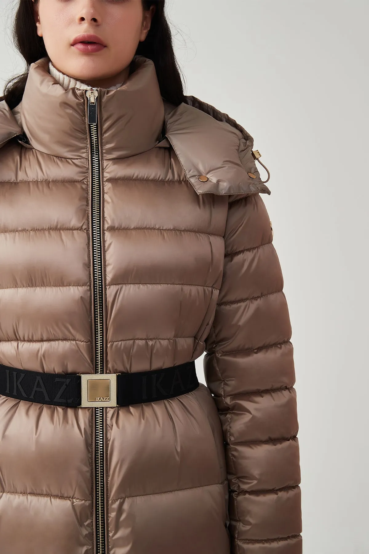 Shiny Belted Mid Length Puffer Coat with Hood