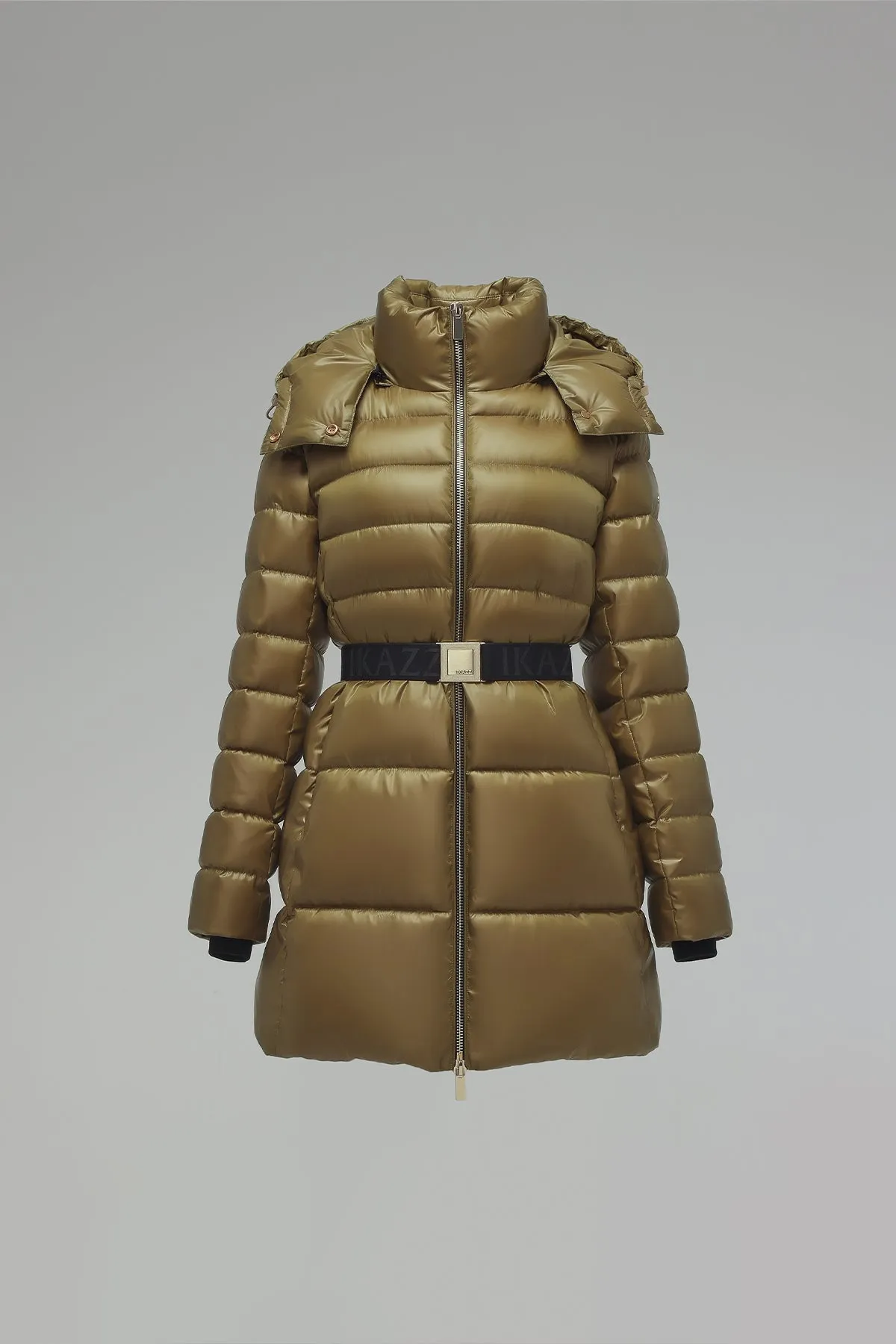 Shiny Belted Mid Length Puffer Coat with Hood