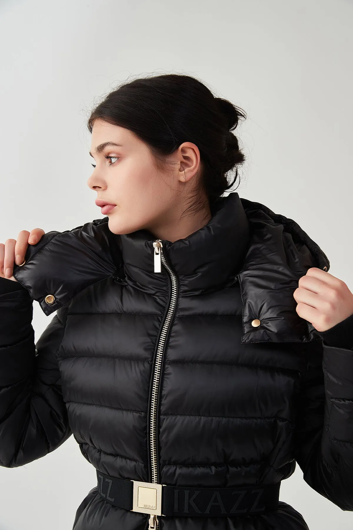 Shiny Belted Mid Length Puffer Coat with Hood