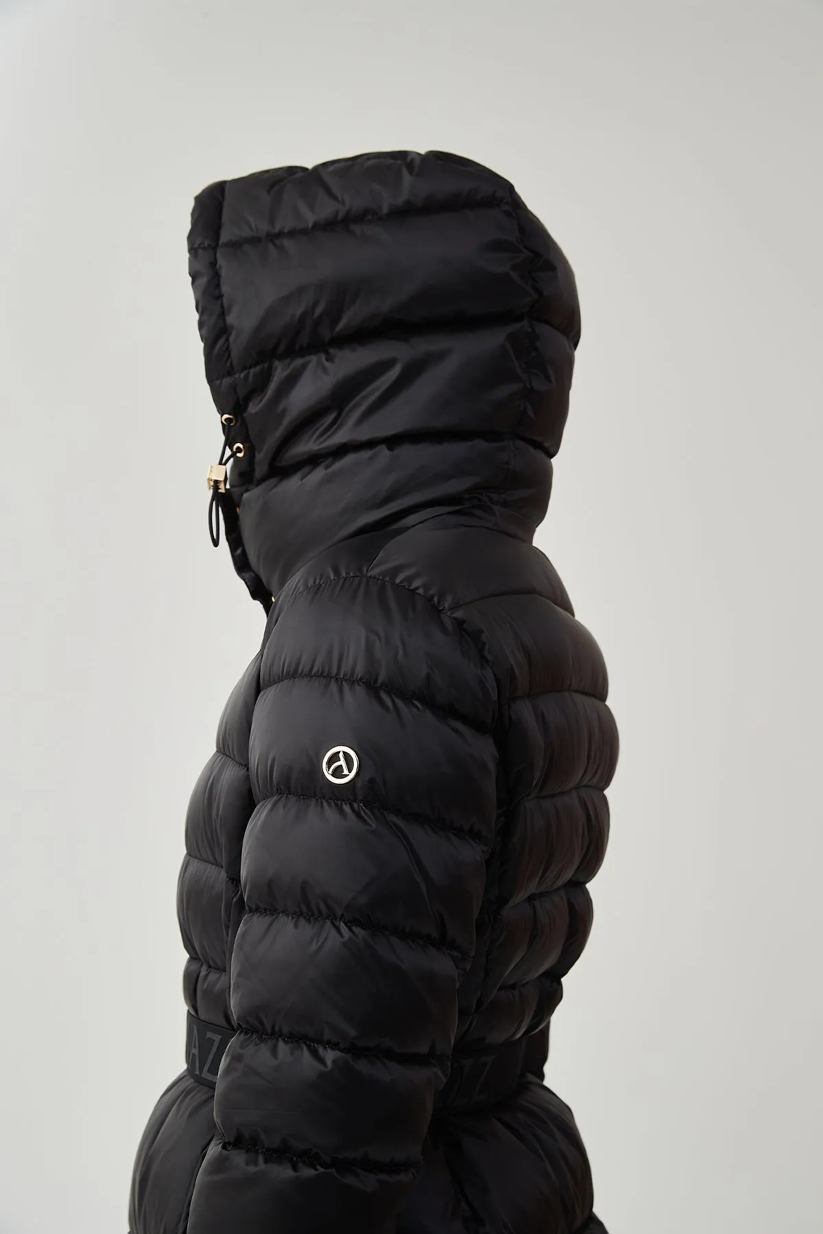 Shiny Belted Mid Length Puffer Coat with Hood