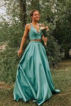 Simple A Line Two Pieces V Neck Satin Green Prom Dresses, Cheap Formal Dress STK15598