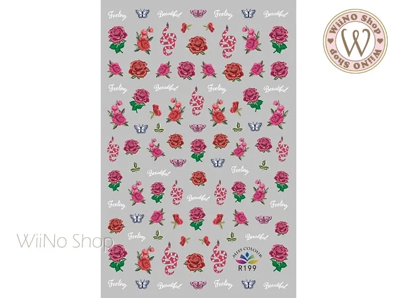 Snake & Rose Adhesive Nail Art Sticker - 1 pc (R199)