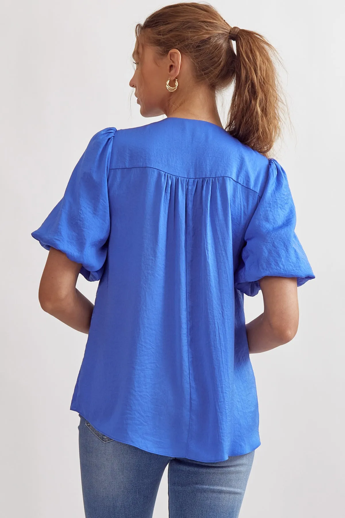 Solid V-Neck Puff Sleeve Short Sleeve Top