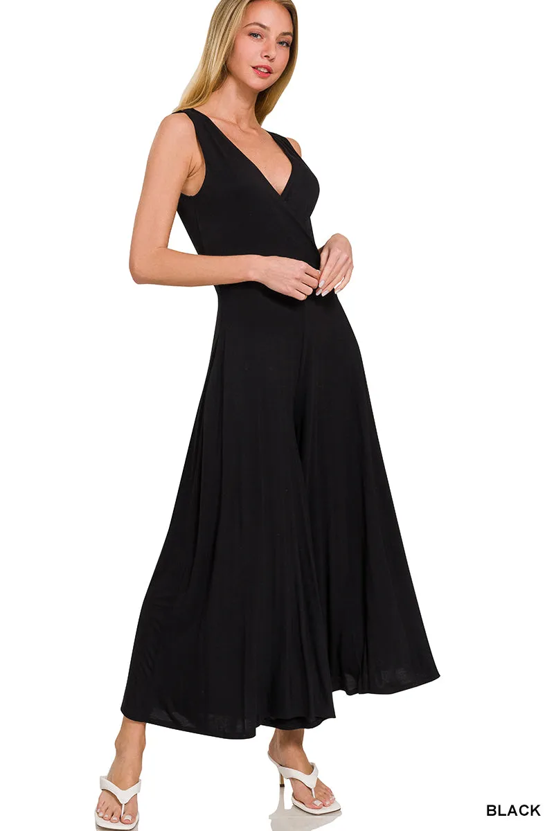 Surplice Neckline Sleeveless Jumpsuit - Black