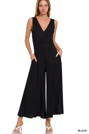 Surplice Neckline Sleeveless Jumpsuit - Black