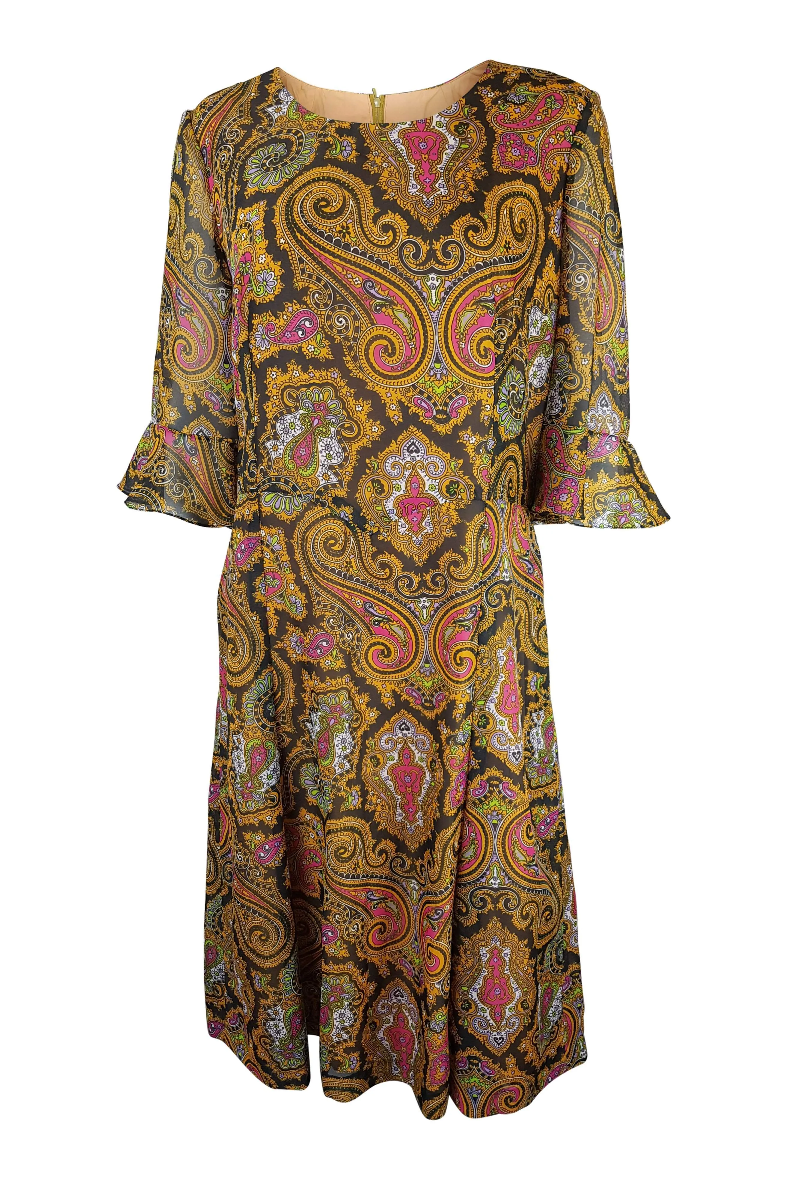 UNLABELLED Vintage Paisley Orange Long Sleeve Dress (M)