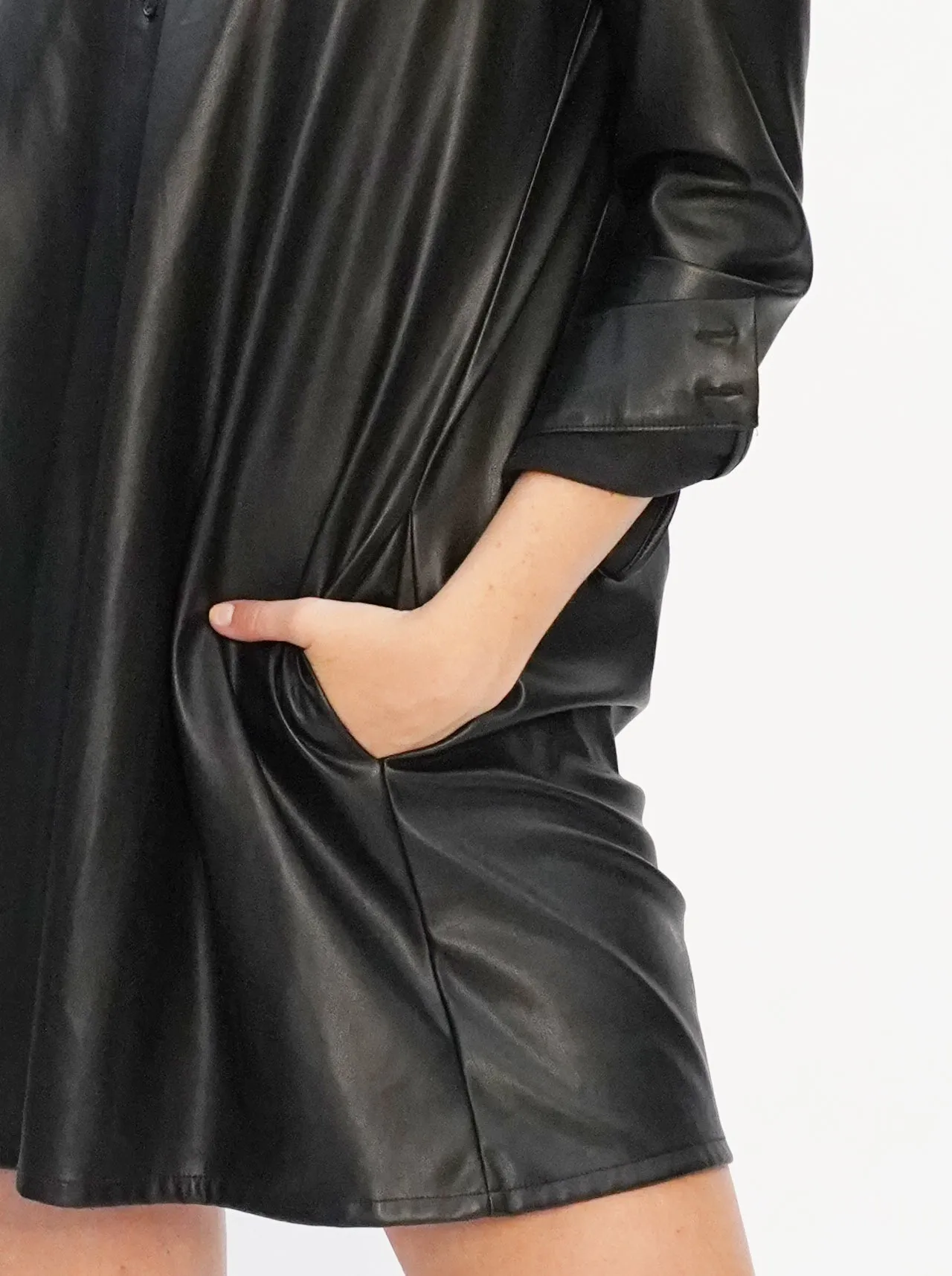 Vegan Leather Long Button Up Shirt Dress - The Lafayette