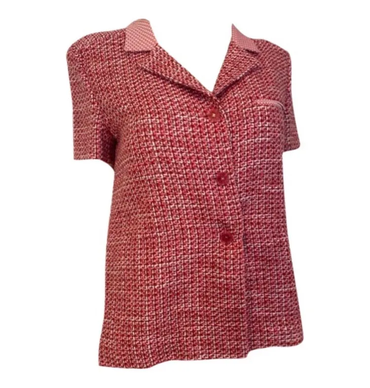 Vintage Chanel 02P, 2002 Spring Pink/Red Short Sleeve Tweed Jacket FR 42